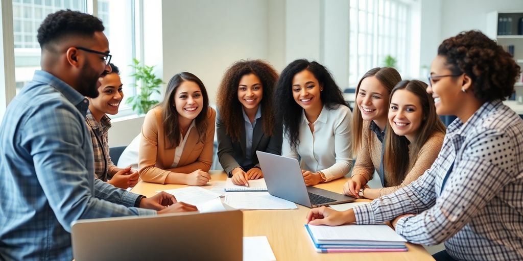Diverse coworkers collaborating in a bright office setting.