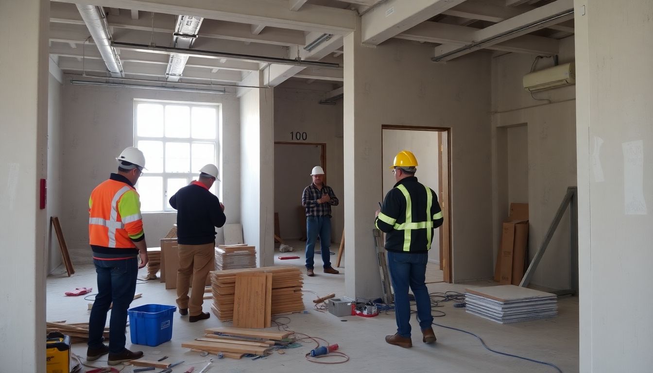 Construction workers evaluating a building's interior space.