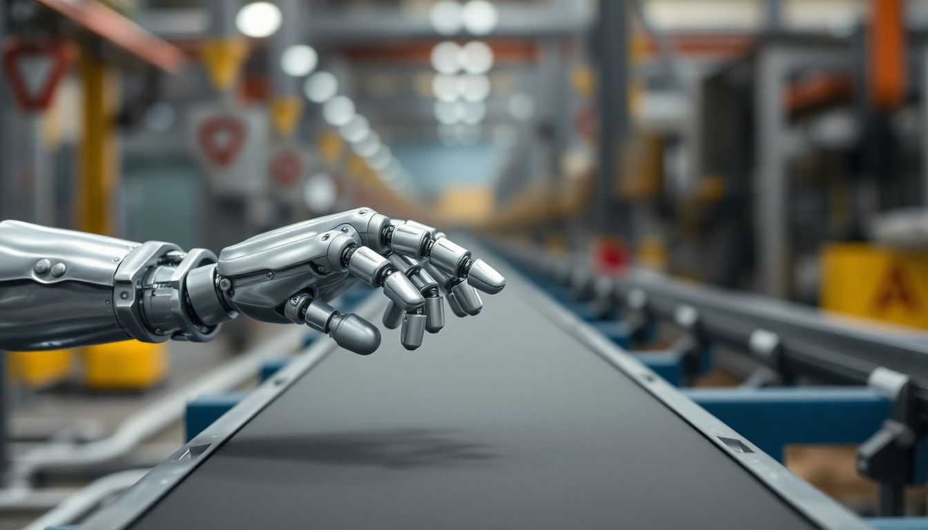 Robot hand replacing a human hand on a conveyor belt.