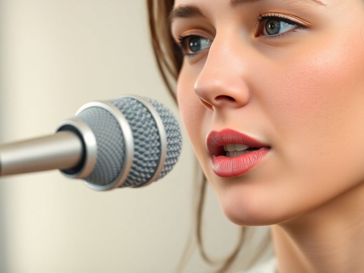 Person practicing English speaking with a microphone.
