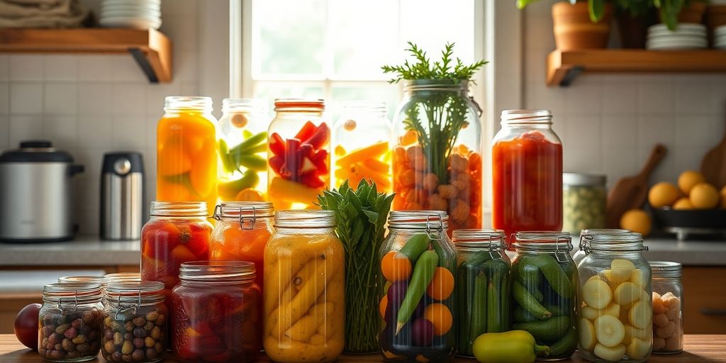 Jars filled with preserved fruits and vegetables.