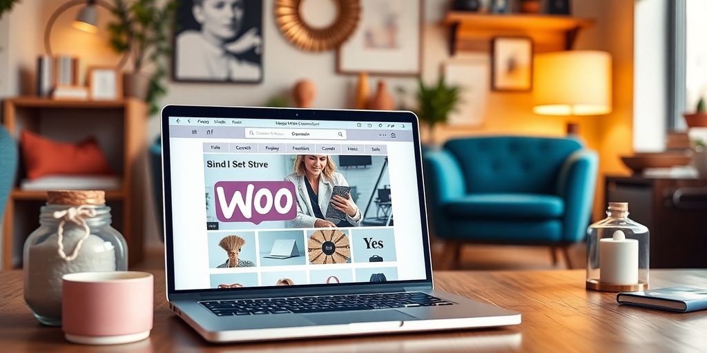 Modern WooCommerce online store setup with laptop and products.