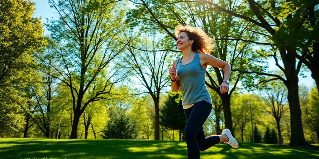 Person jogging in a sunny park with lush greenery.