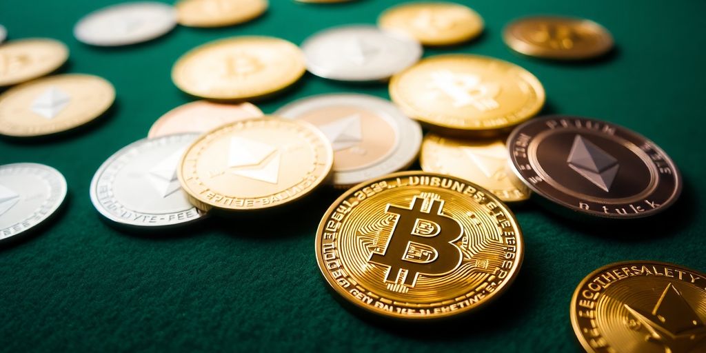 Digital coins scattered on a poker table