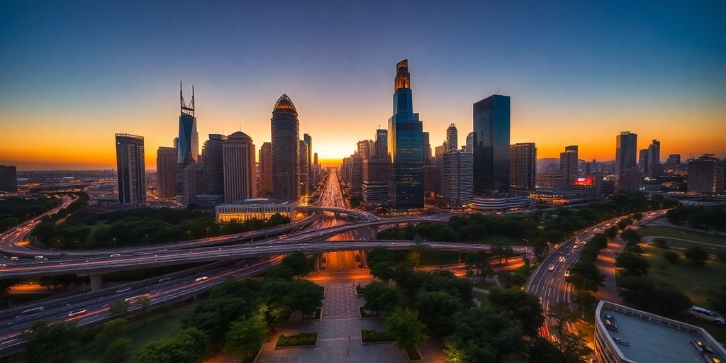 Cityscape with modern infrastructure and green spaces.