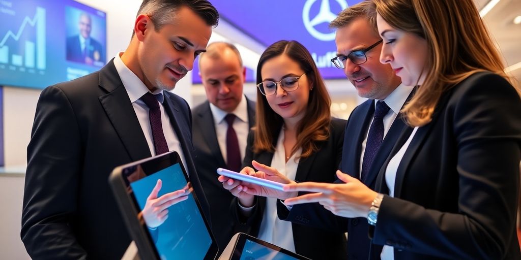 Lufthansa executives collaborating around a futuristic digital interface.