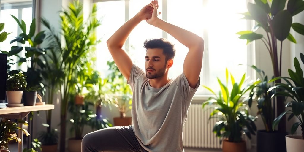 Person stretching in a bright, plant-filled office environment.