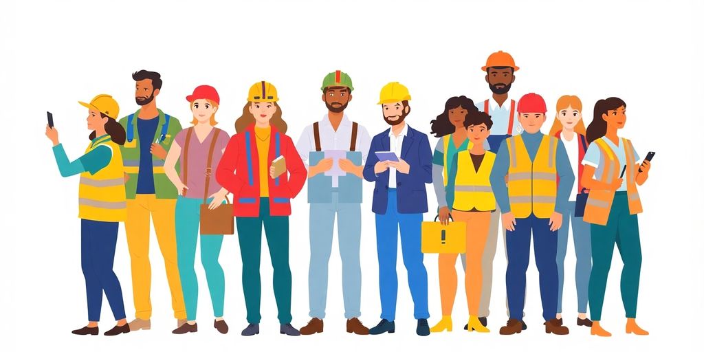 Flate illustrasjoner av ansatte i trygge arbeidsmiljøer.