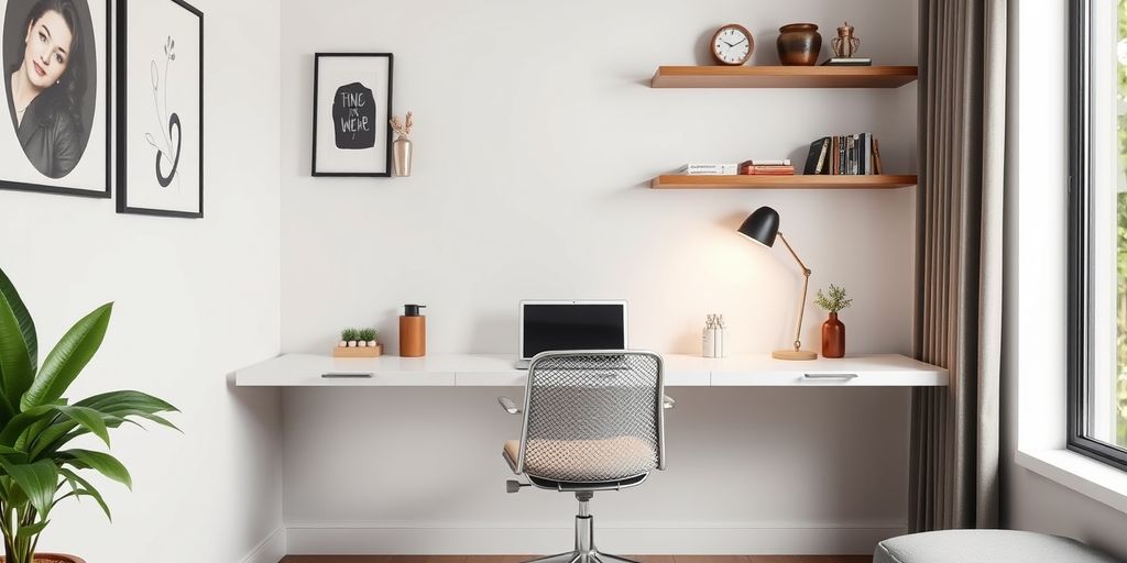 Wall-mounted desk in a stylish small room.