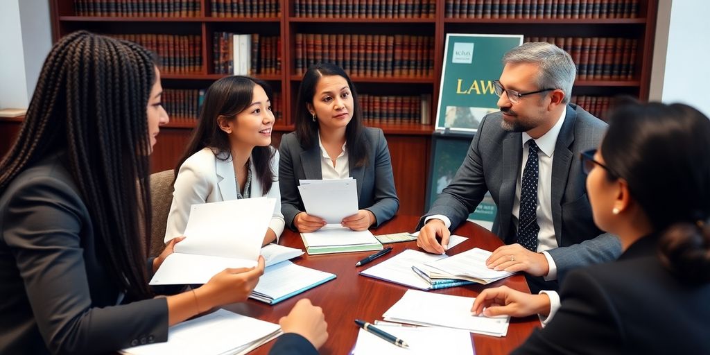 Diverse professionals discussing legal documents in a modern office.