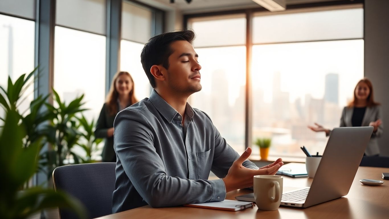 Calm worker breathing at desk with smiling coworkers and plants.