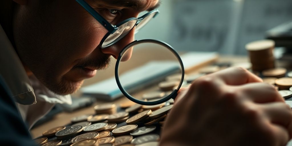 Appraiser inspecting coins with a magnifying glass.
