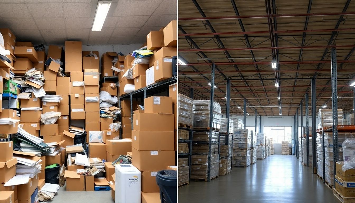 Comparison of messy in-house storage and organized warehouse space.