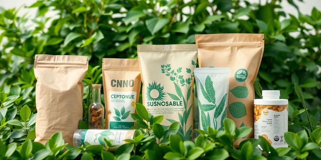 Eco-friendly packaging materials and a green planet.