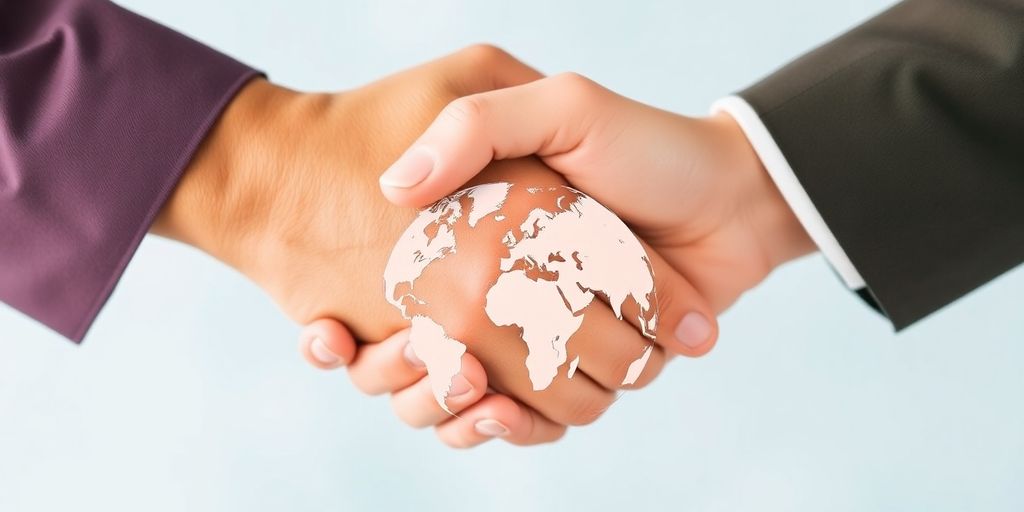 Two hands shaking over a globe