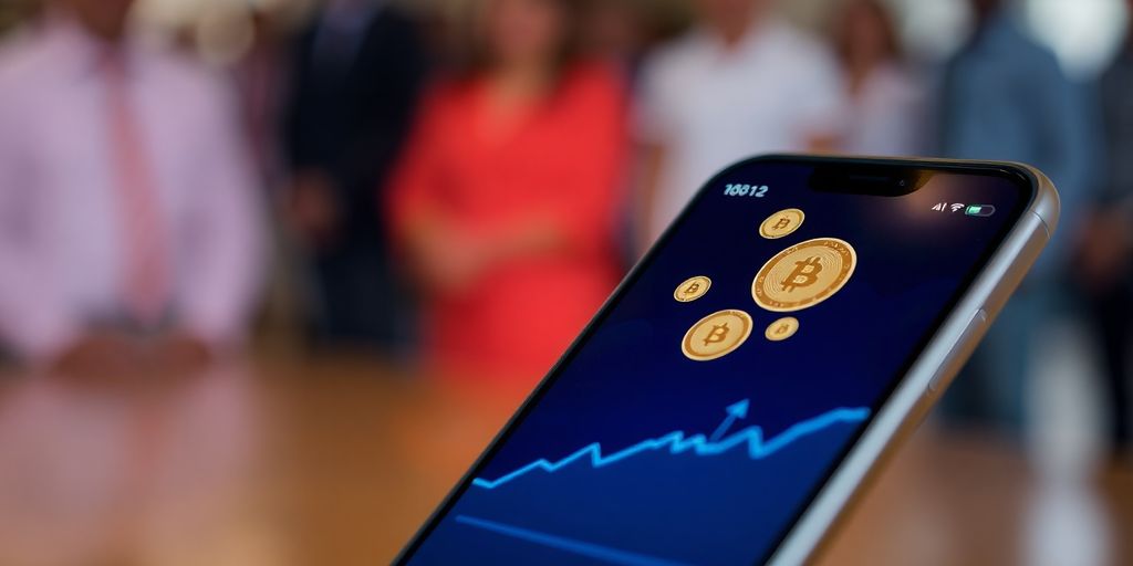 Smartphone displaying crypto app, with blurred community in background.