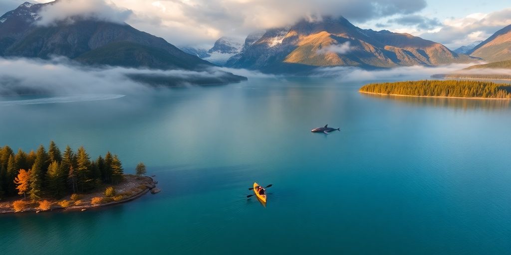 Kayaker in waters with surfacing whale under misty autumn mountains.