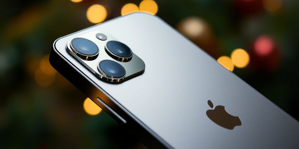 Close-up of iPhone 15 Pro Max on festive background.