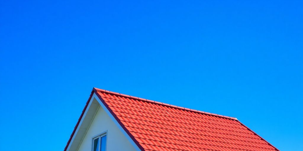 Casa moderna con un tejado rojo brillante bajo un cielo azul.