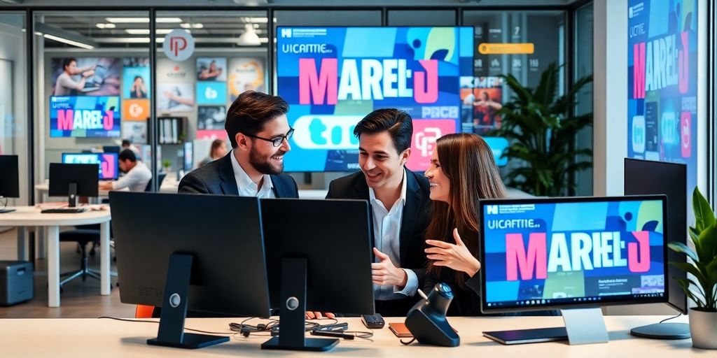 Profissionais de marketing digital em ambiente de escritório moderno.