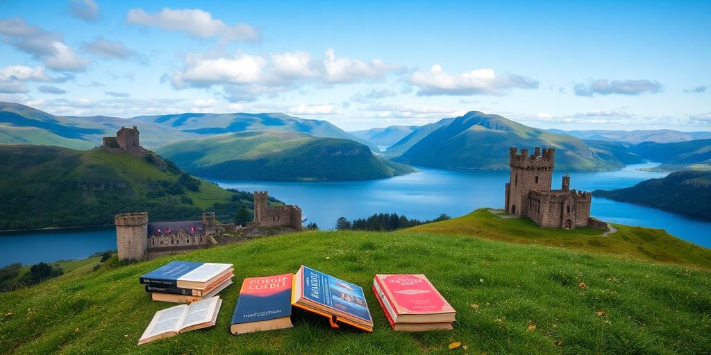 Scenic Scottish landscape with books on grassy knoll.