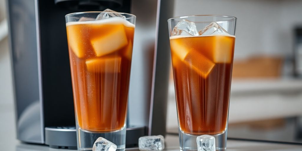 Iced coffee in glass, Keurig machine, ice cubes