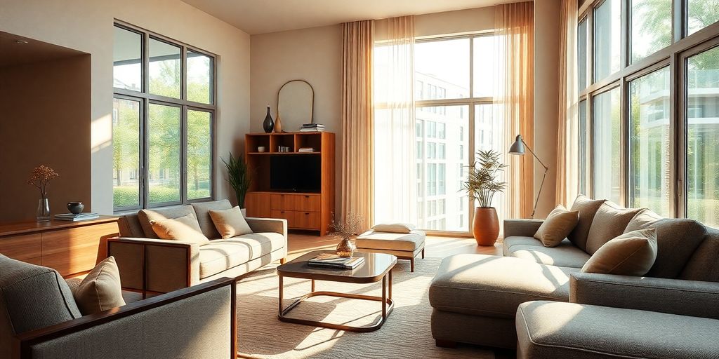 Modern living room, natural light, elegant furniture, warm colors.