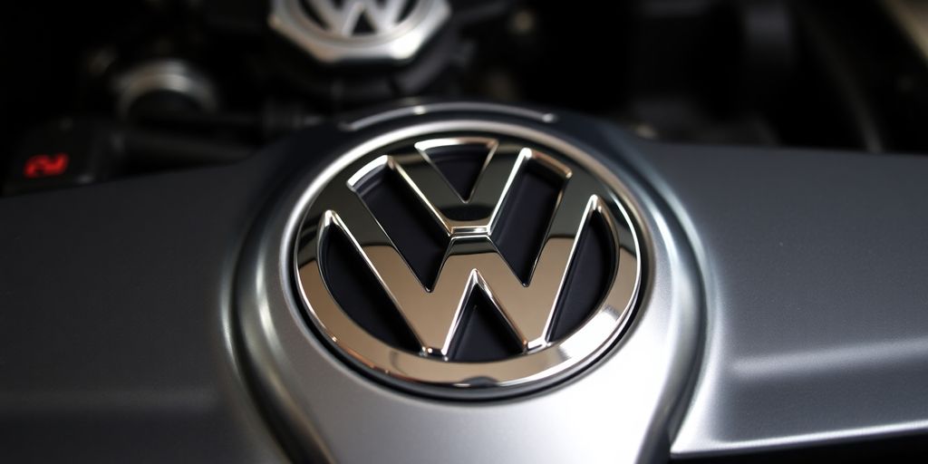 Close-up of gleaming Volkswagen emblem on a car part.