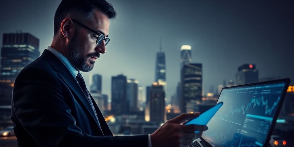 Businessman analyzing financial data in a city setting.