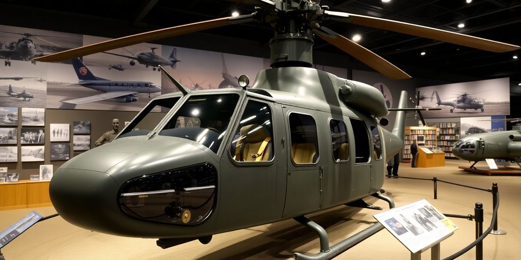 Kiowa helicopter on display in a museum setting.