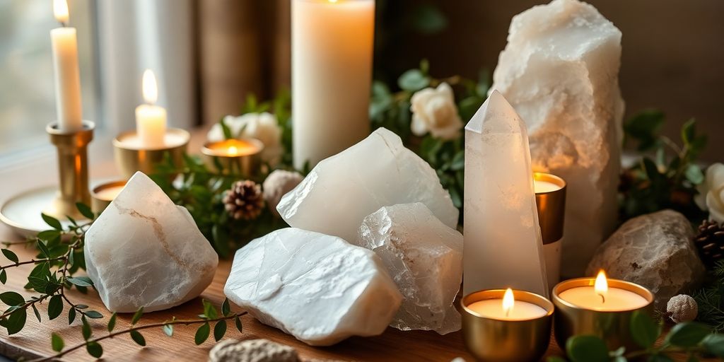 Moonstone and selenite crystals in a natural setting.