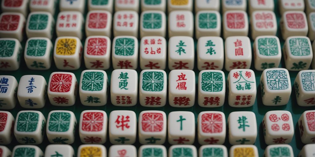 Mahjong tiles with various symbols neatly arranged in rows.