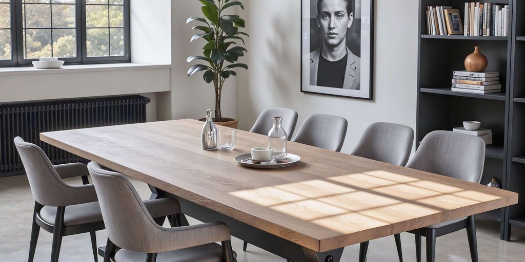 Modern meeting room with a wooden table and stylish chairs.