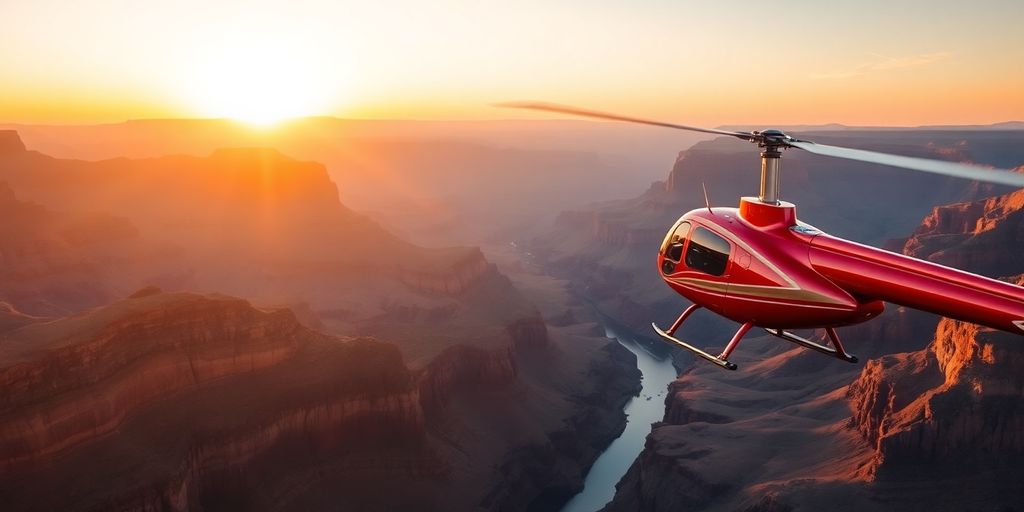 A red helicopter flying over the Grand Canyon at sunset.