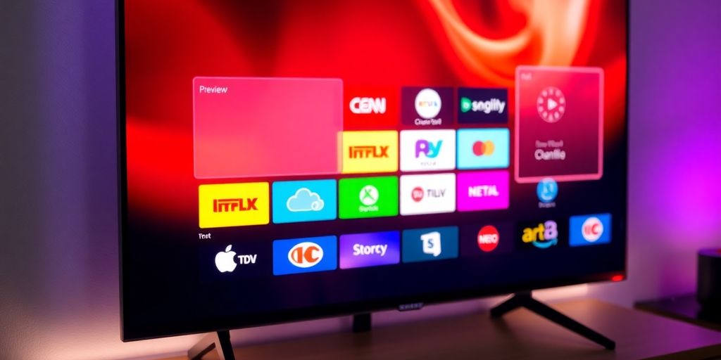 شاشة تلفزيون تعرض شعار IPTV مع قائمة قنوات مشفرة.