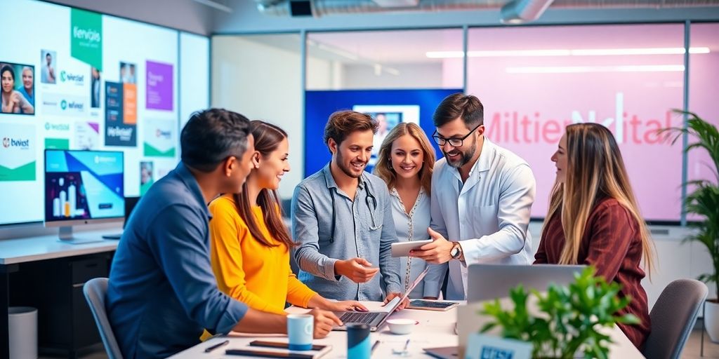 Profissionais de marketing digital colaborando em escritório moderno.