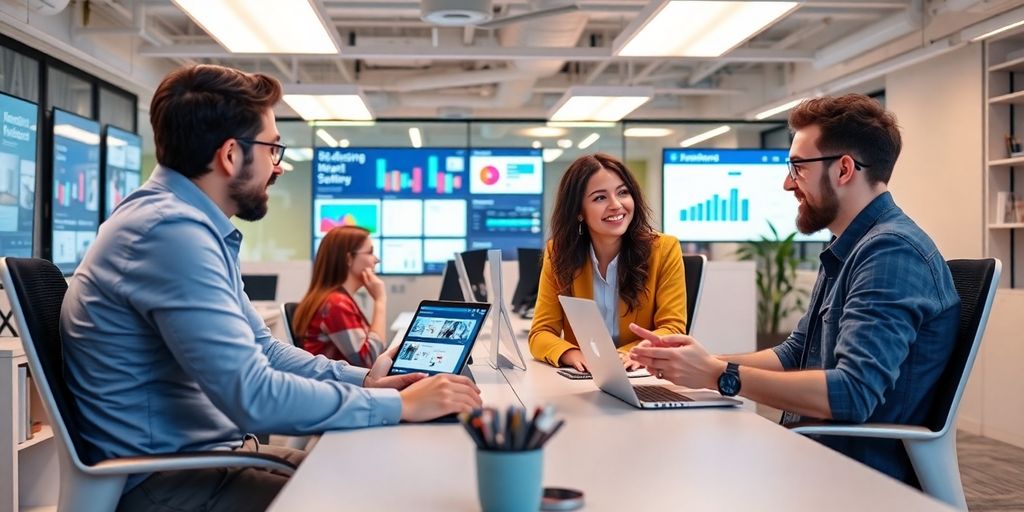 Profissionais de marketing digital em ambiente moderno.