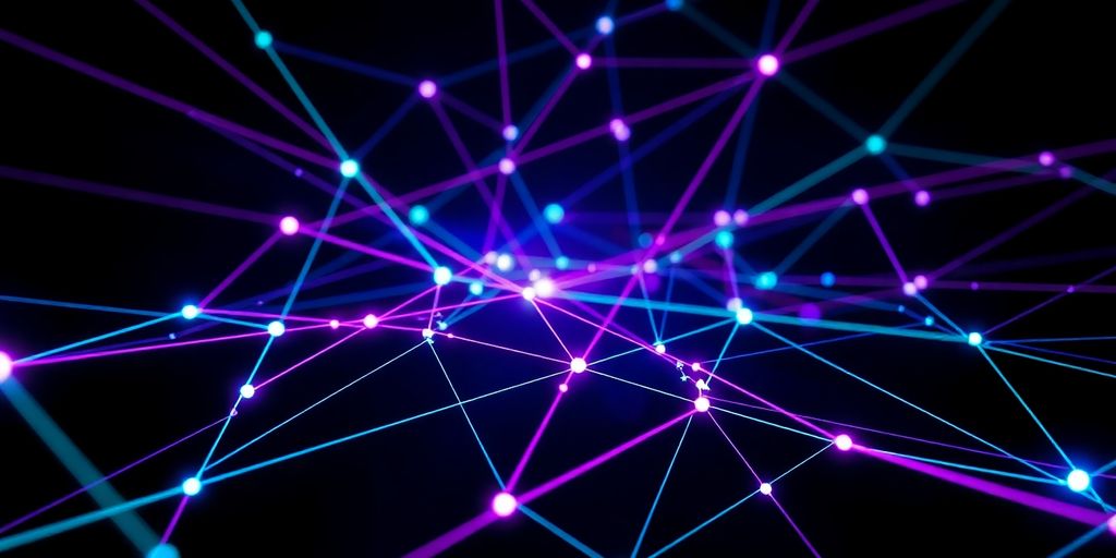 Bright purple and teal digital network.