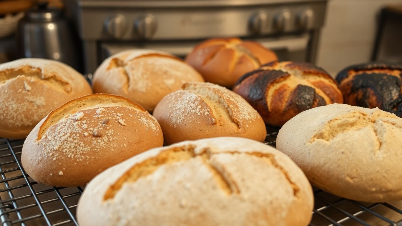 Burnt and underbaked bread loaves on a cooling rack.