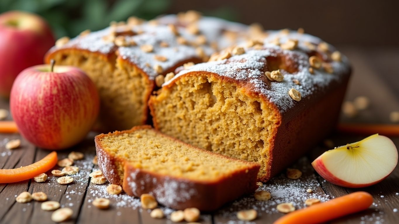 Bolo de aveia com maçã e cenoura, fatias e decoração.