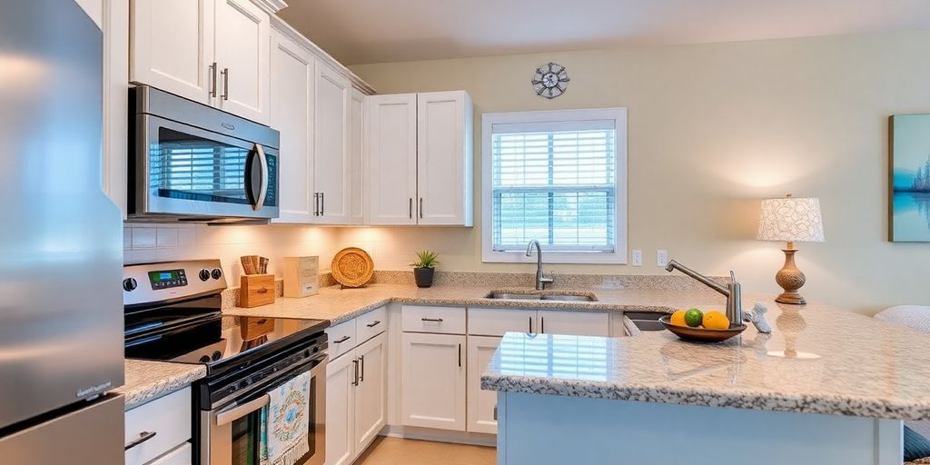 Modern kitchen with functional equipment and elegant decoration.