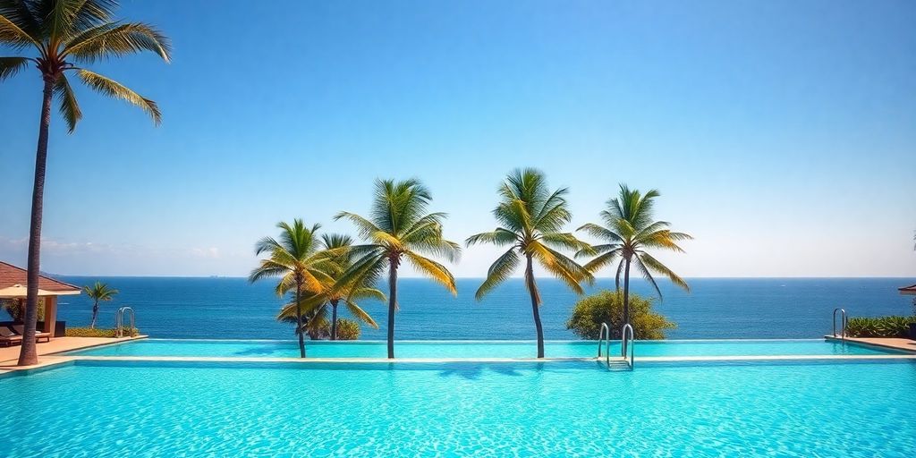 Luxury resort pool, ocean, and palm trees.