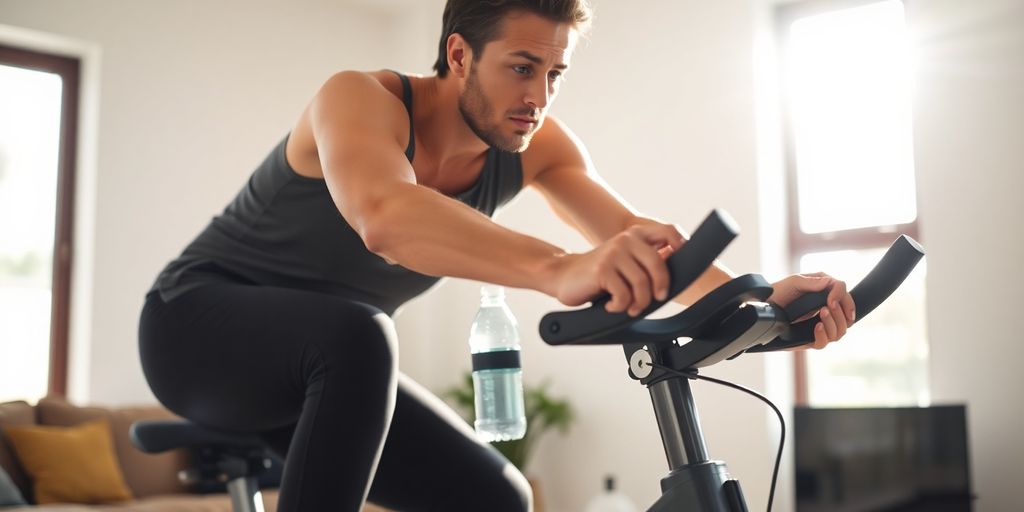 Person cycling intensely on a stationary bike at home.