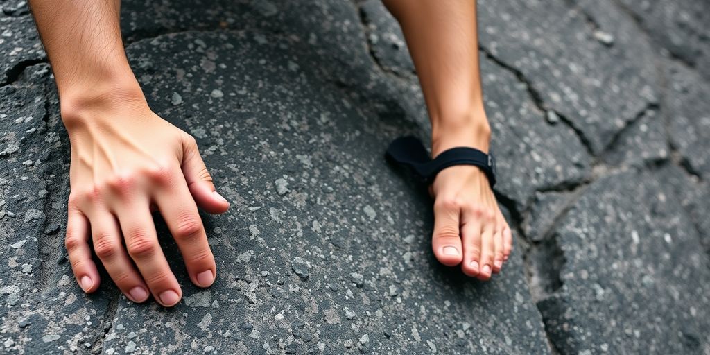 Muscular legs and arms gripping a rock wall.