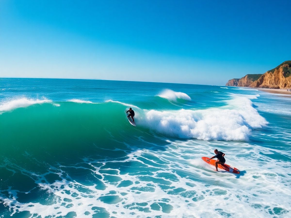 Surfers riding waves on Portugal’s beautiful coastline.