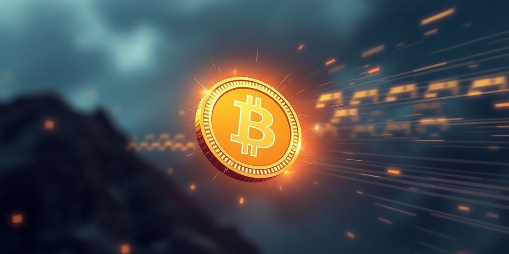 Digital currency coin against a backdrop of opportunity and uncertainty.