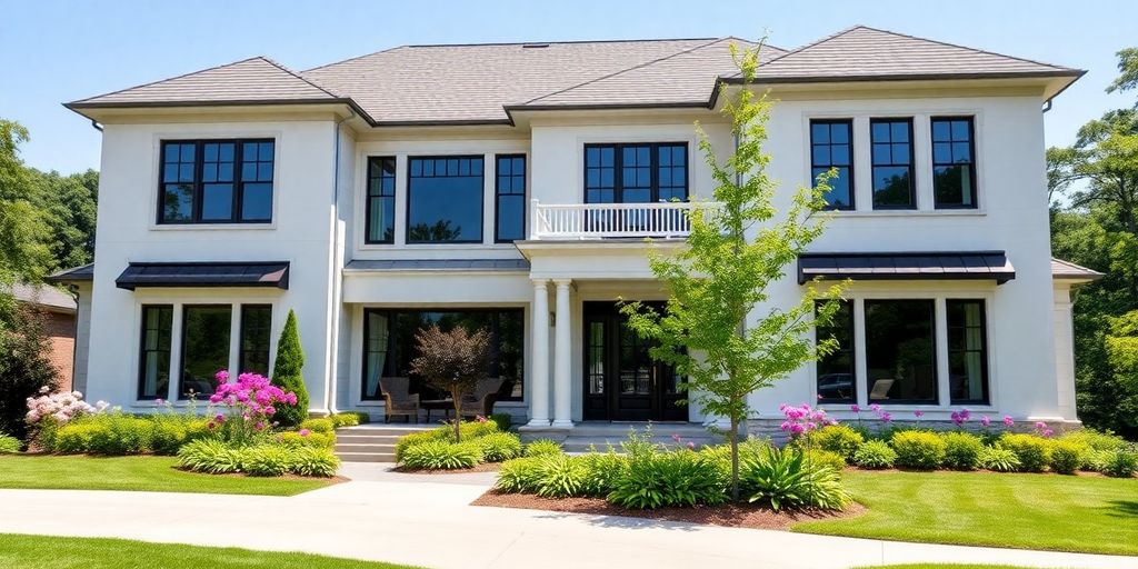Elegant modern home exterior with manicured lawn.