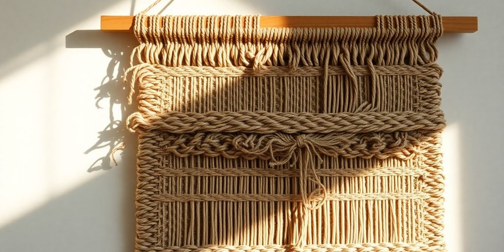 Woven tapestry on wall with sunlight