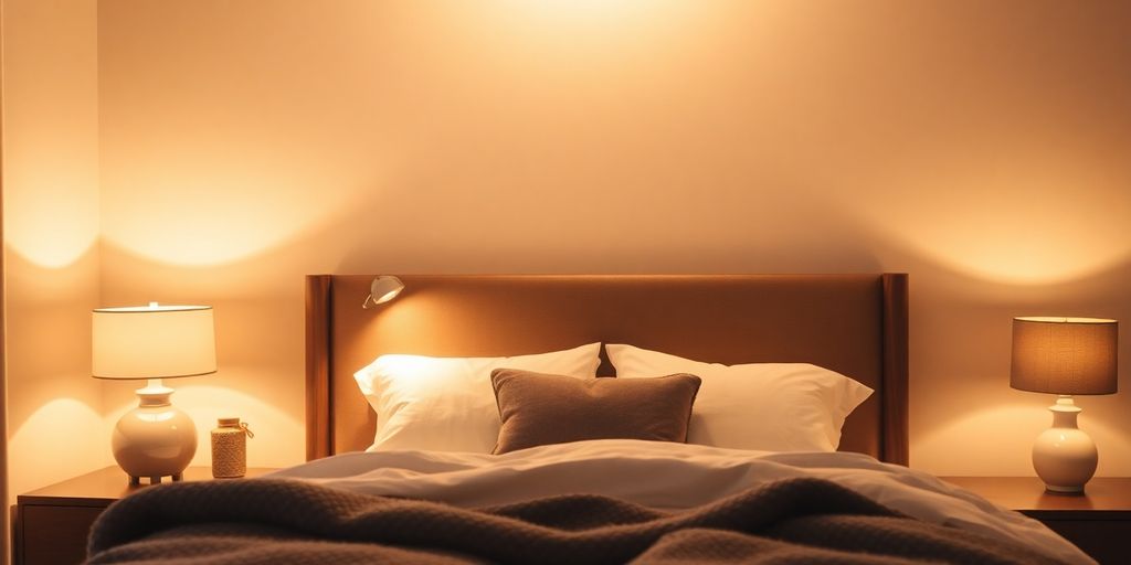 Cozy bedroom with ambient lighting and soft decor.