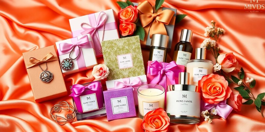 Elegant gifts for women on a silk background.